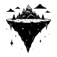Floating Island with Mountains and Trees in Monochrome Style vector