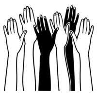 diverse hands raised in unity multicultural teamwork, community solidarity, social connection vector