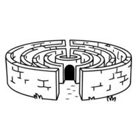 Circular labyrinth maze with entrance complex puzzle design, problem solving challenge, black and white illustration vector