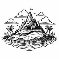 Monochrome Island Illustration with Mountain and Palm Trees vector