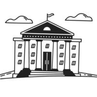 classic government building illustration with columns and flag, monochrome line art vector