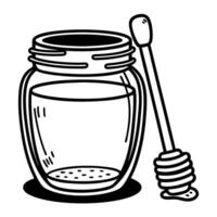Black and white illustration of honey jar with dipper in simple line art vector