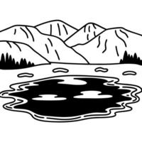 Minimalist mountain landscape with a serene lake and trees, monochrome art illustration vector