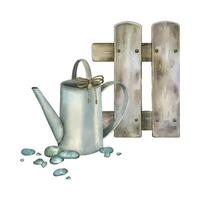 Watering can for watering flowers and garden with a bow made of twine with a fence, pebbles. Watercolor composition. All objects are hand-painted with watercolors. Suitable for printing on postcards vector