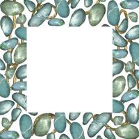 Square watercolor frame of sea stones and pebbles of gray and blue colors, twine. All objects are hand-painted with watercolors. Suitable for decorating invitations, postcards, scrapbooking vector