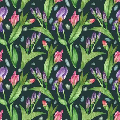 Seamless watercolor pattern. Spring flowers irises, iris buds, green leaves with dark veins. All objects are hand-drawn with watercolor. Suitable for printing on fabric, paper, for stationery