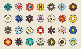 Set of Different Groovy Flowers. vector