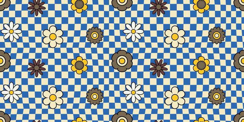 Checkered Seamless Pattern with Flowers. Trippy Checkerboard Background. Abstract Distorted Psychedelic Texture, Optical Illusion.