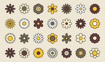Set of Different Groovy Flowers. Elements in Vintage Style. vector