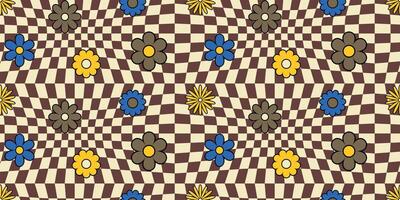 Checkered Seamless Pattern with Flowers. Trippy Checkerboard Background. vector