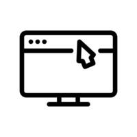 Black outline icon of a desktop monitor showing browser window interaction vector