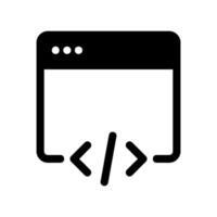 Black outline browser window icon displaying HTML source code brackets symbol vector