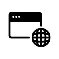 Solid black browser window icon with globe symbol representing internet access vector