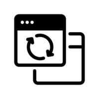 Solid black browser window icon with a circular refresh arrow overlaying another element vector