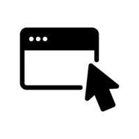 Solid black browser window icon with a mouse cursor pointing towards it vector