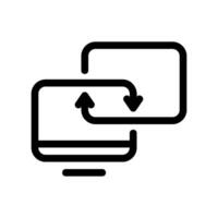 Two computer monitors syncing or transferring data between screens vector