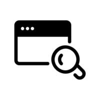 Solid black browser window icon displaying a magnifying glass search symbol vector