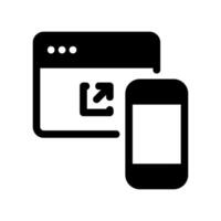 Solid black icon showing a browser window sending data to smartphone screen vector