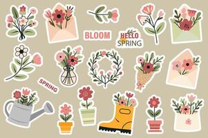 Spring stickers set in flat design. Collection labels with romantic bouquets, flowers in envelopes, vases, watering can or rubber boot, springtime blooms and blossoms, other. illustration. vector