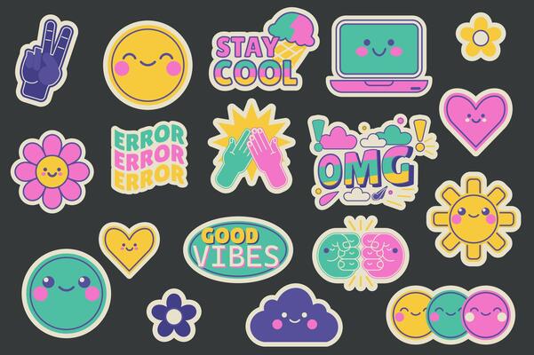 Retro Y2K stickers set in flat design. Collection labels with peace hand, emoji, laptop, hearts, flowers, error, omg, sun, good vibes, cloud, smile, other colourful vintage signs. illustration.