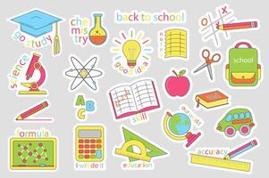 School stickers set in flat design. Collection labels with graduation cap, study, chemistry, idea, schoolbag, microscope, atom, book, apple, bus, blackboard, calculator, other. illustration. vector