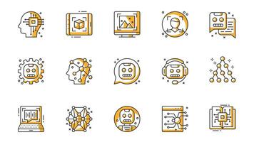 Artificial intelligence icons set in outline stroke design for web. Pack line pictograms with ai, image recognition, face detection, chat with chatbot, machine learning, other. illustration. vector