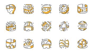 Virtual reality icons set in outline stroke design for web. Pack line pictograms with vr helmet, wide angle camera, glasses, panoramic photo, rotation, headset, 3d object, other. illustration. vector
