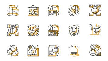 Global business icons set in outline stroke design for web. Pack line pictograms with flag, map, card paying, target, online communication, international company expansion, other. illustration. vector