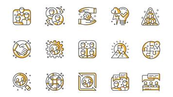 Teamwork icons set in outline stroke design for web. Pack line pictograms with team, interaction, project, subordination, handshake, group, success, personal input, search, other. illustration. vector