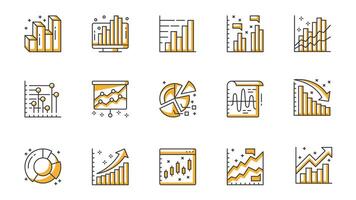 Diagram icons set in outline stroke design for web. Pack line pictograms with growth bar chart, pie data, datum, marketing, analyzing finance, flow, infographic, statistic, other. illustration. vector