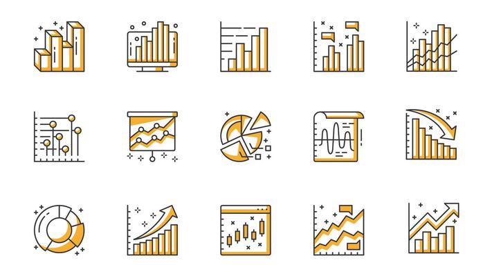 Diagram icons set in outline stroke design for web. Pack line pictograms with growth bar chart, pie data, datum, marketing, analyzing finance, flow, infographic, statistic, other. illustration.