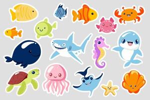 Underwater animal stickers set in flat design. Collection labels with different fishes, crab, whale, shark, seahorse, dolphin, turtle, jellyfish, starfish, seashell and other. illustration. vector