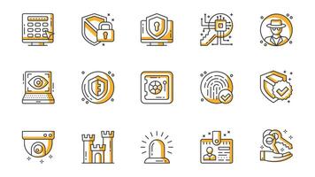 Security icons set in outline stroke design for web. Pack line pictograms with password, shield, padlock, computer firewall, key encryption, spy, eye scanner, fingerprint, other. illustration. vector