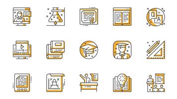 Education icons set in outline stroke design for web. Pack line pictograms with online lesson, science, chemistry, book reading, question and answer, homework, graduation, other. illustration. vector