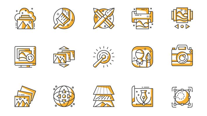Images icons set in outline stroke design for web. Pack line pictograms with cloud gallery, paint, drawing tools, print, carousel, sync, auto enhance, photo camera, view, other. illustration.