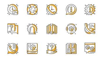 Help and support icons set in outline stroke design for web. Pack line pictograms with clock, lifebuoy, call, info, question, headset, answer, consultation, client, contact, other. illustration vector