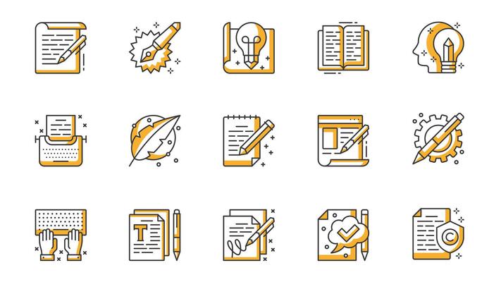 Copywriting icons set in outline stroke design for web. Pack line pictograms with article, writing, idea, inspiration, book, creativity, typewriter, intellectual property, other. illustration.