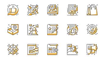Marketing icons set in outline stroke design for web. Pack line pictograms with like feedback, target, email, advertisement, shopping, strategy, communication, megaphone, other. illustration. vector