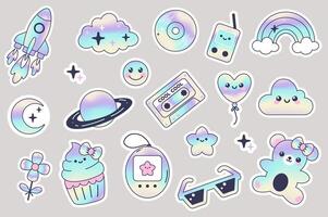 Retro Y2K hologram stickers set in flat design. Collection labels with rocket, cloud, music disk, player, rainbow, moon, planet, cassette, balloon, emoji, flower, cupcake, other. illustration. vector