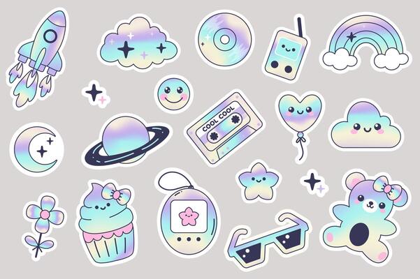 Retro Y2K hologram stickers set in flat design. Collection labels with rocket, cloud, music disk, player, rainbow, moon, planet, cassette, balloon, emoji, flower, cupcake, other. illustration.