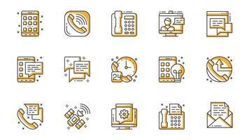 Communication icons set in outline stroke design for web. Pack line pictograms with application, phone call, zoom, chat, message, speech bubble, customer support, other. illustration. vector