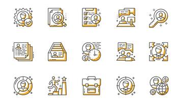 Head hunting icons set in outline stroke design for web. Pack line pictograms with hiring, search, recruitment, employee, job interview, key, resume, briefcase, teamwork, other. illustration. vector