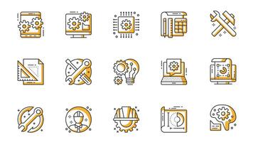 Engineering icons set in outline stroke design for web. Pack line pictograms with application settings, optimization, computer, circuit board, microchip, tools, blueprint, other. illustration. vector