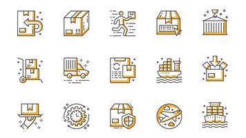 Delivery icons set in outline stroke design for web. Pack line pictograms with package parcel, courier, barcode, loading warehouse, transportation, shipping, logistic, other. illustration. vector
