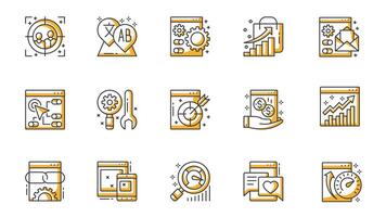 SEO icons set in outline stroke design for web. Pack line pictograms with target market, keyword, optimization, settings, increase graph, email, speed traffic, marketing, other. illustration. vector
