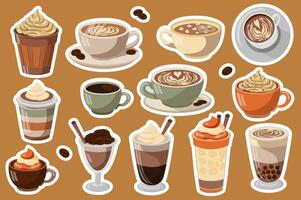 Coffee stickers set in flat design. Collection labels with different cups and mugs with cappuccino, espresso and other caffeine drinks with milk and sweet cream and latte art. illustration. vector