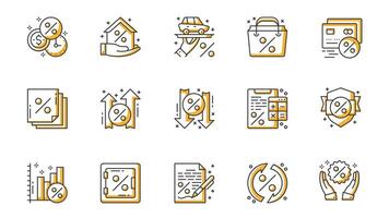 Credit icons set in outline stroke design for web. Pack line pictograms with money, paying time, house mortgage, car insurance, discount, growth, down, calculating data, other. illustration. vector
