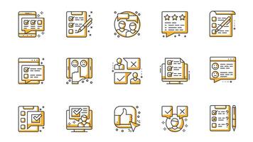 Survey icons set in outline stroke design for web. Pack line pictograms with online examining, checklist, opinion, emotional feedback, application, customer satisfaction, other. illustration. vector