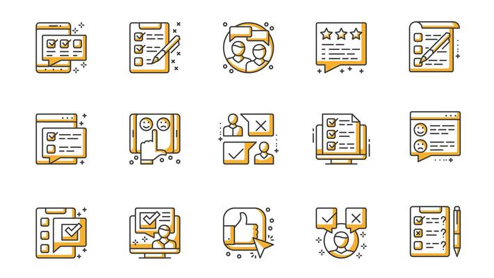 Survey icons set in outline stroke design for web. Pack line pictograms with online examining, checklist, opinion, emotional feedback, application, customer satisfaction, other. illustration.
