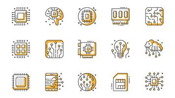 Electronics icons set in outline stroke design for web. Pack line pictograms with circuit, microchip, brain, machine learning, mother board, computer technology, sim card, other. illustration. vector